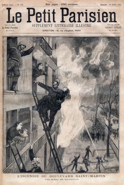 Fireman of Paris: rescue scene during the fire of Boulevard Saint-Martin. Engraving in 