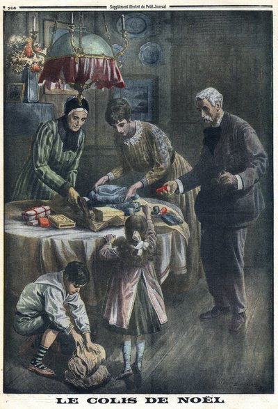 First World War 1914-1918. Christmas Gift: Children receive and unpack packages they received from their father on the battlefield on Christmas Eve. In Le Petite Journal, on 24/12/1916. Private Collection by Anonymous Anonymous