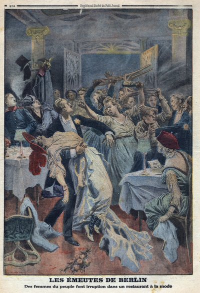 First World War 1914-1918. The women of the people break into a fashionable restaurant and demand the return of their husbands. In Le Petite Journal, on 16/01/1916. Private Collection by Anonymous Anonymous