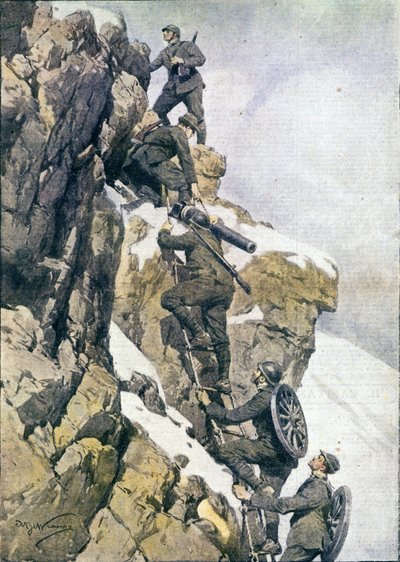First World War: Italian Alpine Hunters Carrying Material on a Summit of the Italian Alps by Anonymous Anonymous