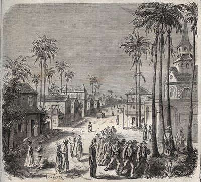 Forcats going to work at the penitencier Saint-Laurent in Cayenne in the 19th century. Engraving in 