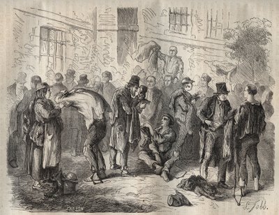 Forcats selling their belongings before entering the Toulon Bagne in the 19th century. Engraving in Histoire des bagnes depuis leur création à nos jours (1877) by Pierre Zaccone. Private collection. by Anonymous Anonymous