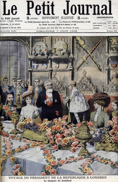 French President Armand Fallières (1841-1931), received in London by the Lord Mayor, at a banquet at the Guildhall. Le petit Journal, June 1908 (engraving) by Anonymous Anonymous