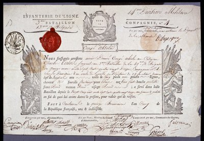 French Revolution: official document of military leave dated 15 Brumaire year V (05/11/1796) of a sergeant from the district of Coutances by Anonymous Anonymous