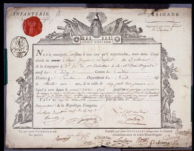 French Revolution: Official Document of Military Leave Dated 5 Prairial Year IV (24/05/1796) of a Lieutenant of the Brigade of the District of Cambrai by Anonymous Anonymous