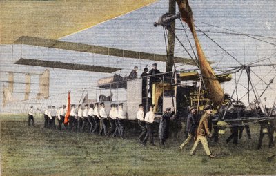 From Compiegne to London by Airship: English Soldiers Tow the Bayard-Clement Airship in Its Hangar at Wormwood Scrubbs (engraving) by Anonymous Anonymous