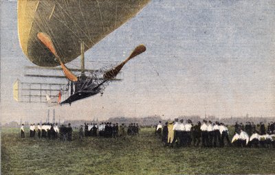 From Compiegne to London by airship: the landing of Bayard-Clement to Wormwood Scrubbs. Engraving. One of the newspaper 