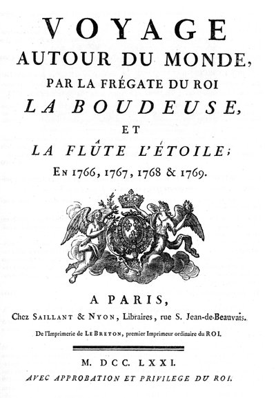Frontispiece of 1771 of the book Voyage Around the World by the frigate of the king La Boudeuse and the flute L
