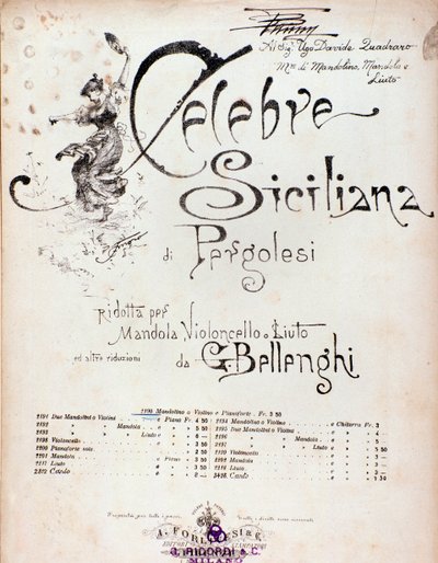Frontispiece from musical score of Celebre siciliana attributed to GB Pergolese by Anonymous Anonymous