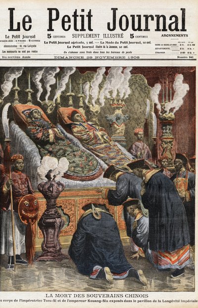 Funeral of Chinese rulers: the bodies of Empress Xiao Ding Jing and Emperor Guangxu exhibited in the pavilion of imperial longevity by Anonymous Anonymous