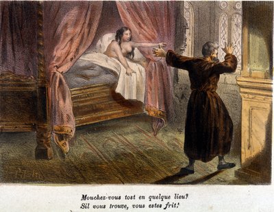 Gallant scene: Monk, in the company of a naked woman in bed, surprised by the arrival of a person, tries to hide. Colour engraving of the 19th century by Anonymous Anonymous