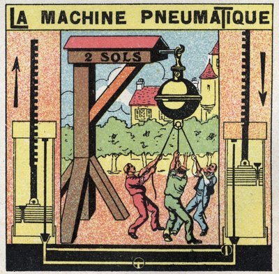 Gas pressure: the pneumatic machine. In a fair, huge hemispheres were installed which men tried, in vain, to detach. Attraction inspired by the experience of Otto von Guericke. by Anonymous Anonymous