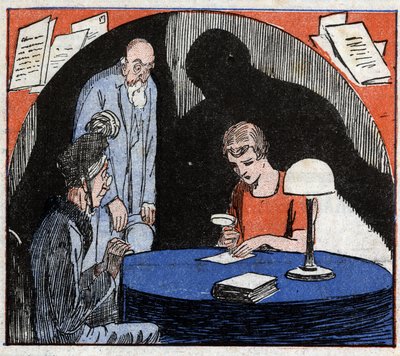 Graphology: A Graphologist Consulted by an Old Couple, Reads with a Magnifying Glass an Individual