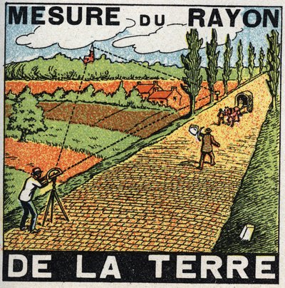 Gravitation: measuring the radius of the Earth. Anonymous illustration from 1925. Private collection. by Anonymous Anonymous