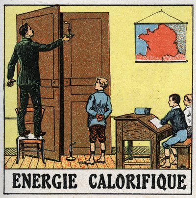 Heat energy: a teacher in a classroom holds a candle near an open door by Anonymous Anonymous