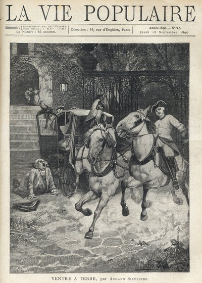 In front of the staircase of a small castle, a young rider arrives in the courtyard at full speed, spurring his horse and panicking the horses of the carriage parked by the gate, a large man wearing a powdered wig stretches on the ground after a fall due by Anonymous Anonymous