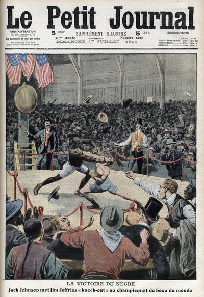 Jack Johnson winning world boxing championship against Jim Jeffries in Reno, Nevada, July 4 by Anonymous Anonymous