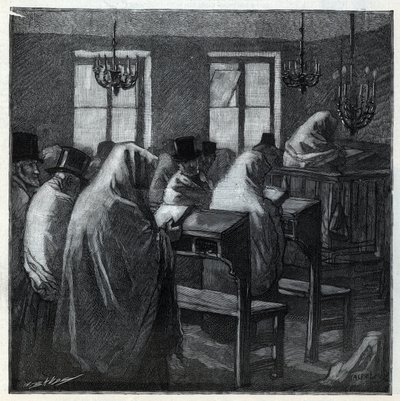 Jewish feasts: fideles during the prayer inside an oratory during the holidays. Engraving in Le monde illustree of 1892. Private collection by Anonymous Anonymous