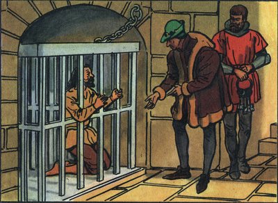King Louis XI visiting the cages of the Bastille prison. Anonymous illustration in 
