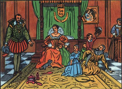 King of France Henry IV (1553-1610) Playing with his Children in Front of the Spanish Ambassador. In the Centre, Queen Mary of Medicis, the Children are Louis XIII, Elizabeth of France, Christine of France and Nicolas. Anonymous Illustration in 