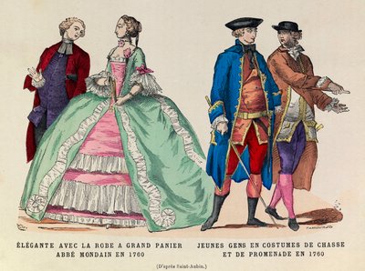 Left: Elegante with a large basket dress, mondain abbe in 1760 / Right: Young men in hunting and walking suit in 1760 (reign of King Louis XV) - private collection by Anonymous Anonymous