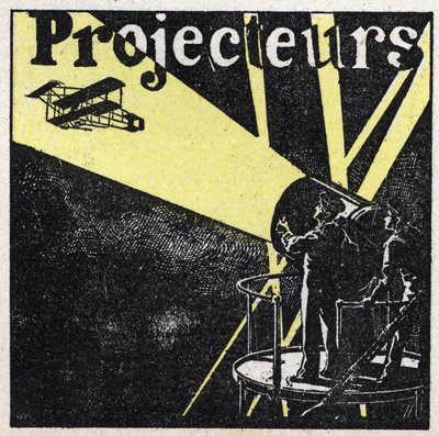 Light reflection: spotlights used to spot a plane in the sky at night. Anonymous illustration from 1925. Private collection. by Anonymous Anonymous