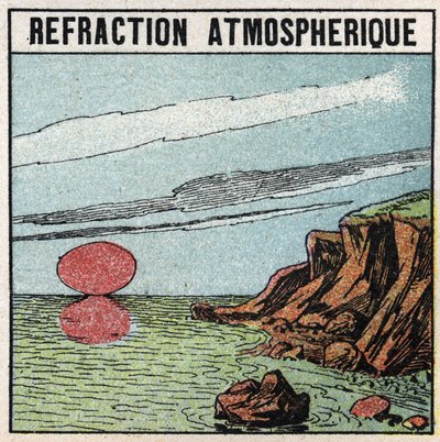 Light refraction: Atmospheric refraction gives the illusion that the sun is bigger at the rise or sunset than at the zenith. Anonymous illustration from 1925. Private collection. by Anonymous Anonymous