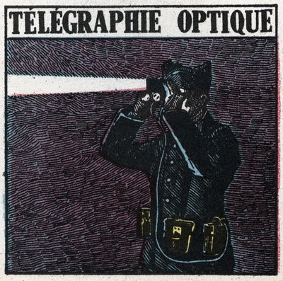 Light signals: optical telegraphy. Anonymous illustration of 1925. Private collection. by Anonymous Anonymous