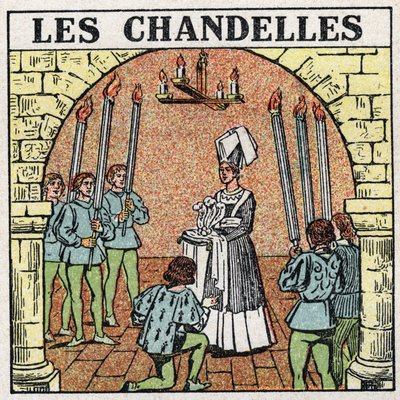 Light sources: candles used in the Middle Ages. Anonymous illustration from 1925. Private collection. by Anonymous Anonymous