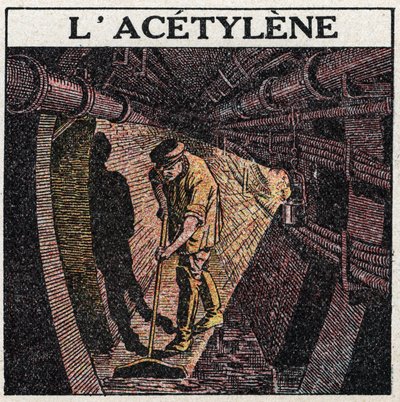 Light sources: illumination by acetylene used in drums. Anonymous illustration from 1925. Private collection. by Anonymous Anonymous