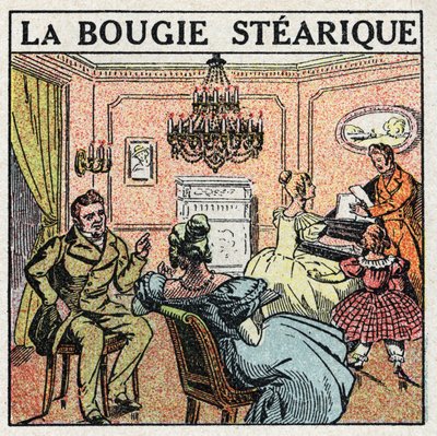 Light sources: the stearic candle used on chandeliers in the 19th century. Anonymous illustration from 1925. Private collection. by Anonymous Anonymous