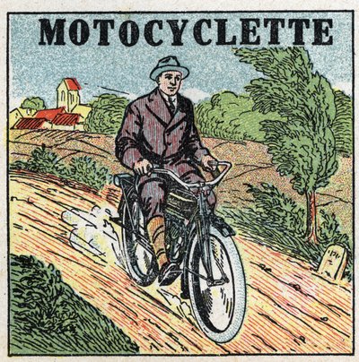 Mechanical traction: motorcycle. Anonymous illustration of 1925. Private collection. by Anonymous Anonymous