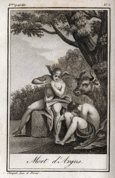 Mercury and Argus. Death of Argus: Mercury played the flute to fall asleep Argus and deliver the nymph Io, transformed into a cow. Engraving from 1819 in Lettres a Emilie sur la mythologie by Charles Albert Demoustier (1760-1801). by Anonymous Anonymous