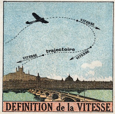 Movements: definition of speed. A plane flying over a city. Anonymous illustration from 1925. Private collection. by Anonymous Anonymous