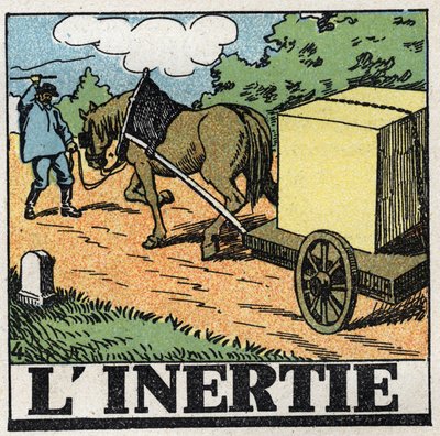 Movements: inertia. A carter giving lashes to move his horse forward. Anonymous illustration from 1925. Private collection. by Anonymous Anonymous