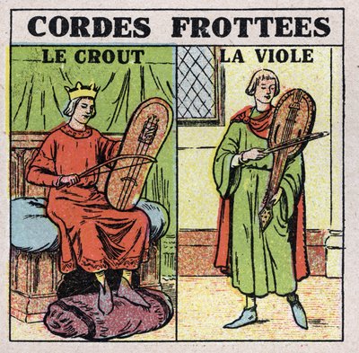 Musical instruments: rubbed string instruments. Players of crout and rapes in the Middle Ages. Anonymous illustration from 1925. Private collection. by Anonymous Anonymous