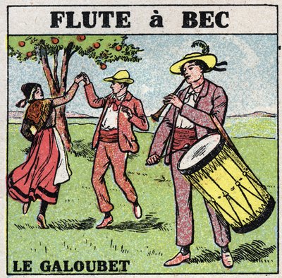 Musical instruments: wind instruments. Galubet player (flute a beak). Anonymous illustration from 1925. Private collection. by Anonymous Anonymous