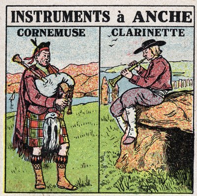 Musical instruments: wind instruments at hip. Pipe and clarinet players. Anonymous illustration from 1925. Private collection. by Anonymous Anonymous