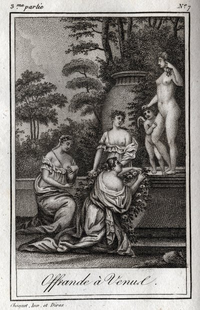 Offer to Venus. Little loves (cherubs) gather to pay tribute to the goddess Aphrodite. Engraving from 1819 in 