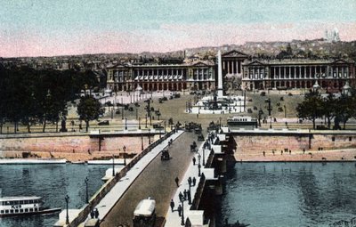 Paris: panorama of the bridge and Place de la Concorde with the obelisk and the church of the Madeleine taken to the Basilica of the Sacre Coeur in Montmartre. On the left, the current Hotel Crillon and on the right, the Hotel de la Marine. by Anonymous Anonymous