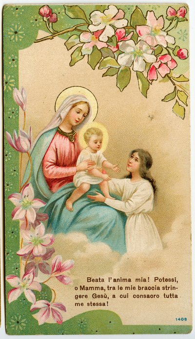 Pious image: Virgin with child, a pious girl takes Jesus in her arms by Anonymous Anonymous