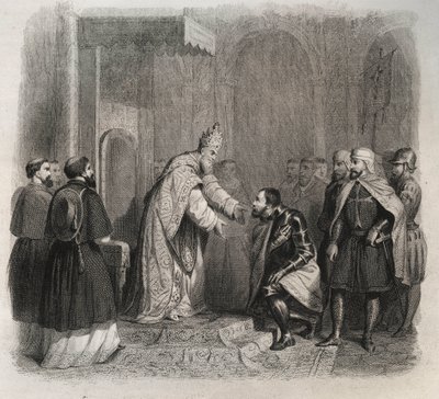Pope St. Pius V receiving the winner of the Battle of Lepanto - Engraving from 1846 in 