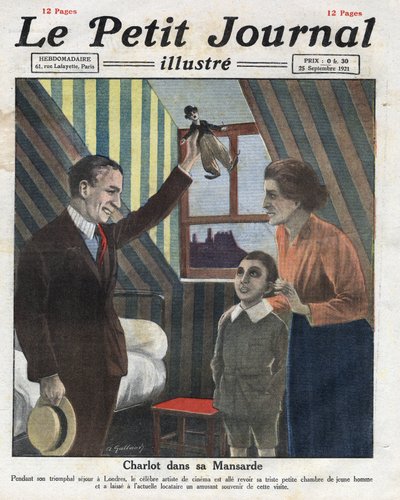 Portrait of actor Charlie Chaplin travelling to London, visiting his former room, he offers the child of the family a little doll of Charlot. Illustration taken from 