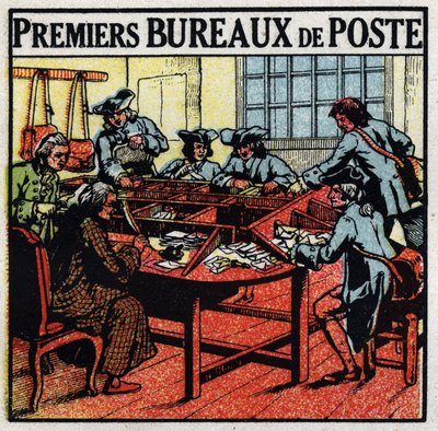 Post office: first post offices in Paris in the 18th century. Anonymous illustration from 1925. Private collection. by Anonymous Anonymous