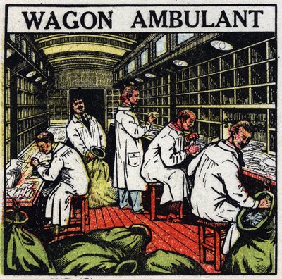 Post office: walking post office in a railway wagon. Anonymous illustration from 1925. Private collection. by Anonymous Anonymous