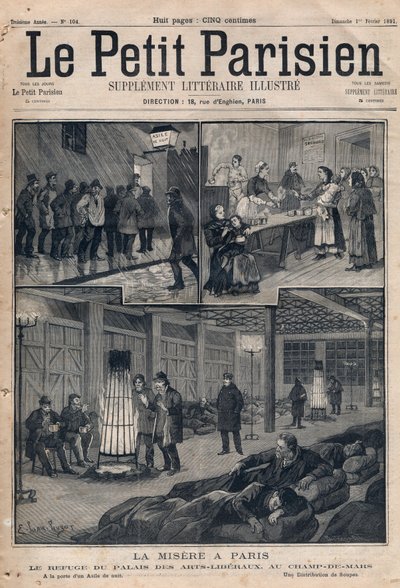Poverty in Paris: the refuge of the Palais des arts-liberaux in the field of March - at the door of an asylum - a distribution of soups. Engraving in 