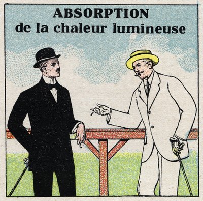 Radiation and conductibility: different light heat absorption depending on the colour of the clothing. Anonymous illustration from 1925. Private collection. by Anonymous Anonymous