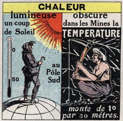 Radiation and conductibility: light heat (sunburn at the South pole) and dark heat (in mines the temperature rises by 1 degree per 30 metres). Anonymous illustration from 1925. Private collection. by Anonymous Anonymous
