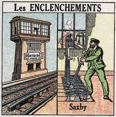 Railways: interlocking. A railroad using a Saxby individual levers station. Anonymous illustration from 1925. Private collection. by Anonymous Anonymous