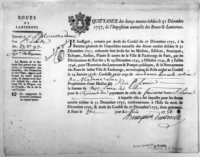 Receipt from the Office of Revenue concerning the payment of Taxes for the Mud and Lanterns, dated December 1757 by Anonymous Anonymous